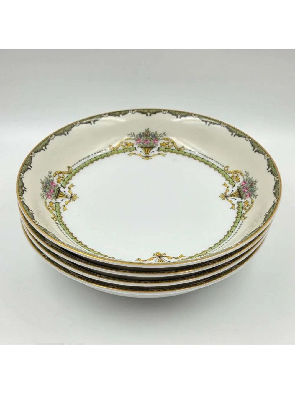 Noritake Penelope Set of 4 Coupe Soup Bowl Green Border Pink Roses Urn Gold Trim